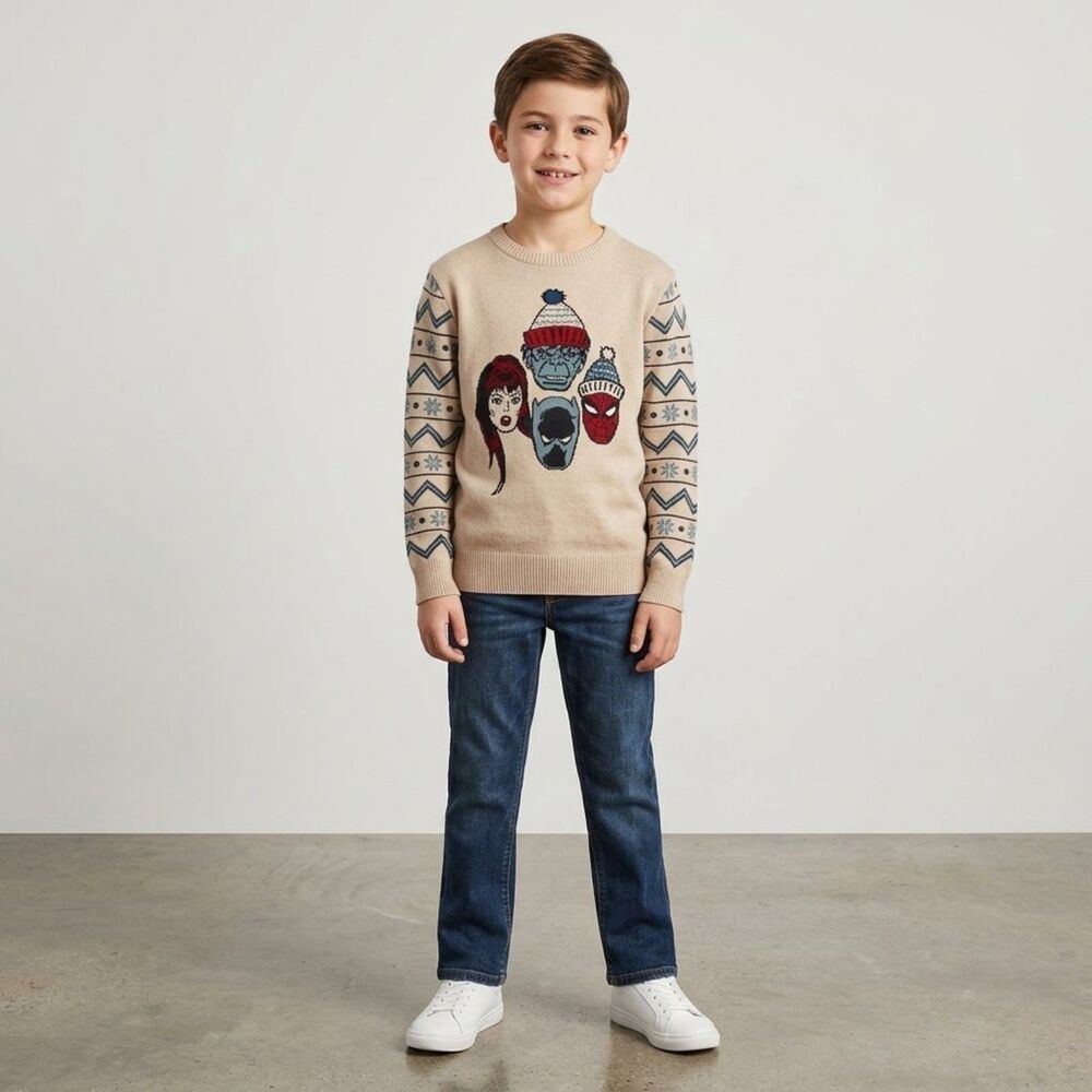 Disney 100 Kid's Marvel Hulk Spiderman NEW Sweater Pullover Tan Blue Sm Unisex